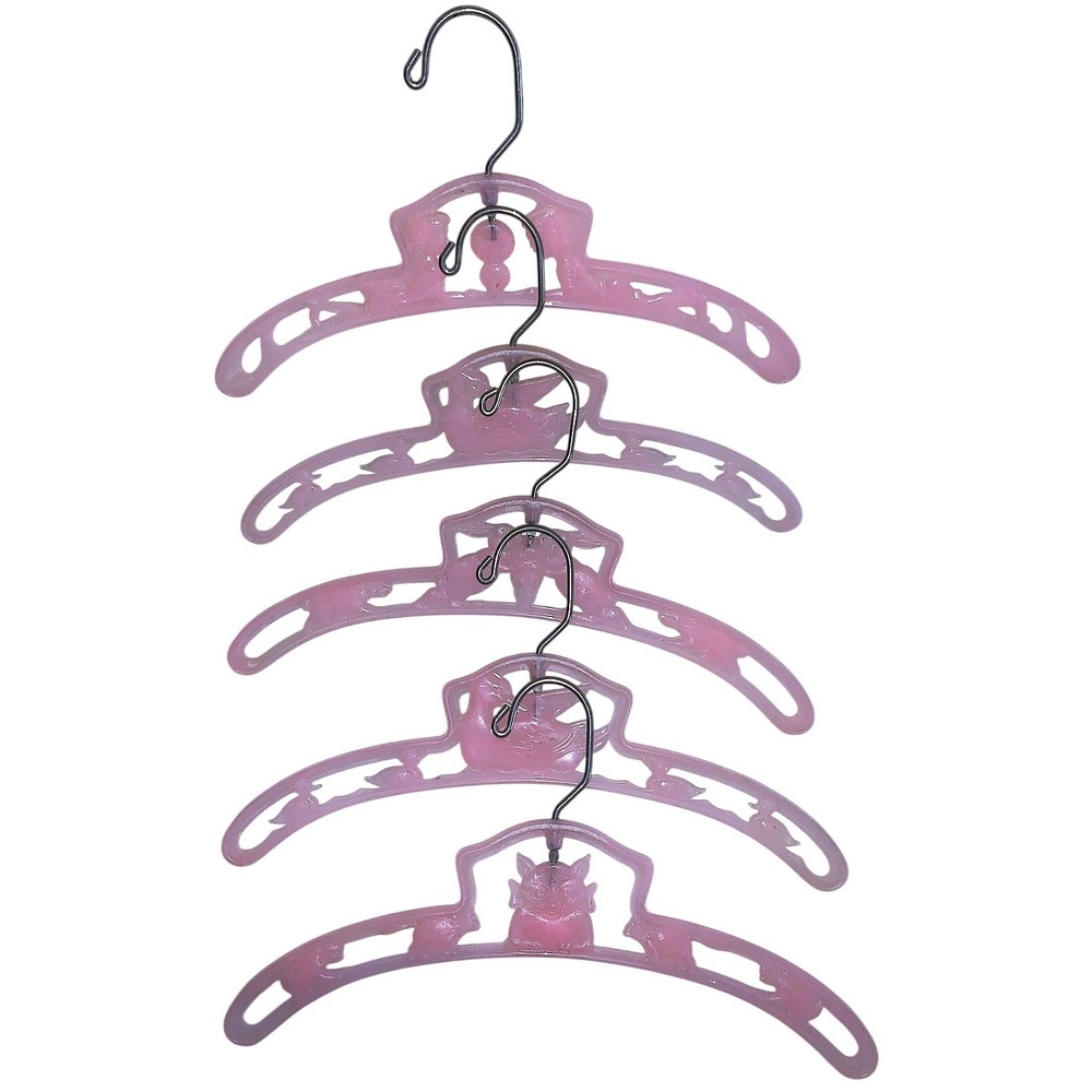 Lot 5 Vintage Baby Child 10" Pink Celluloid Clothes Hangers Cat Swan Bunny Kids